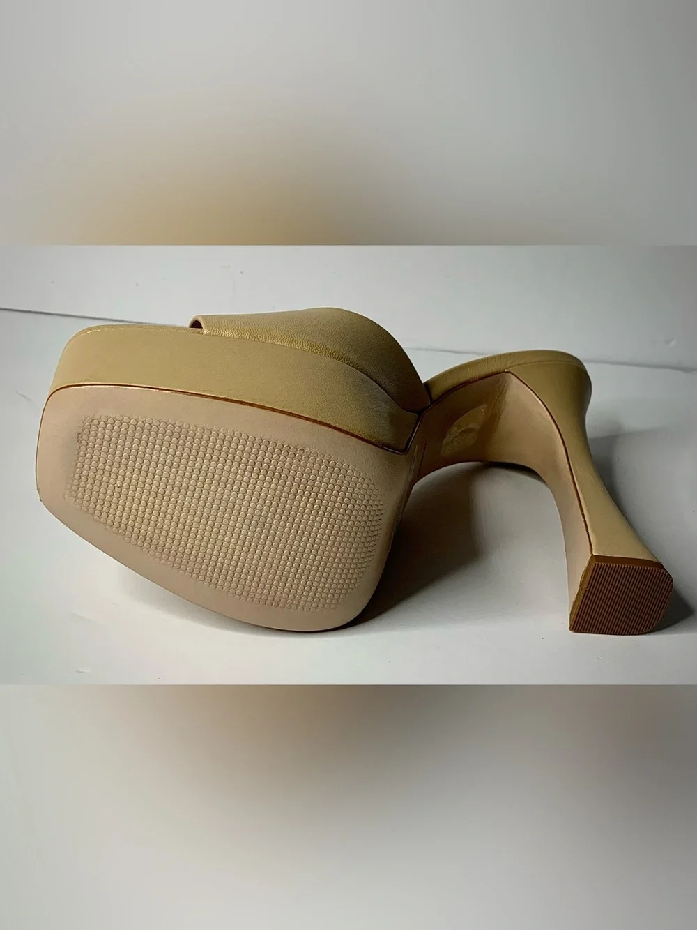 Schutz Nude Platform Mule Heels Square Toe Sculptural Heel